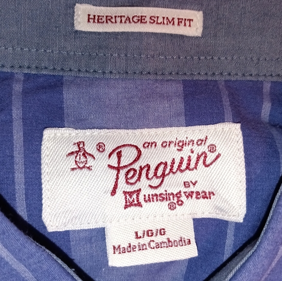 PENGUIN Mens Blue Striped Short Sleeve Button Front Shirt Size Large Slim Fit - Picture 8 of 11